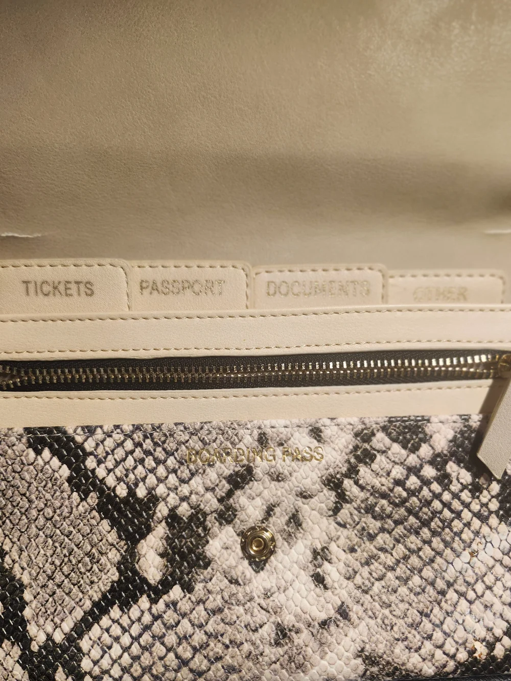 Aldo Snake-Print Envelope Clutch in Cream and Black
